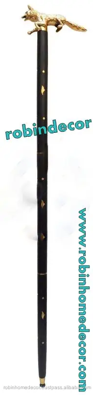 Antique Cast Brass FOX Head Handle Vintage Designer Wooden Walking Cane/Stick