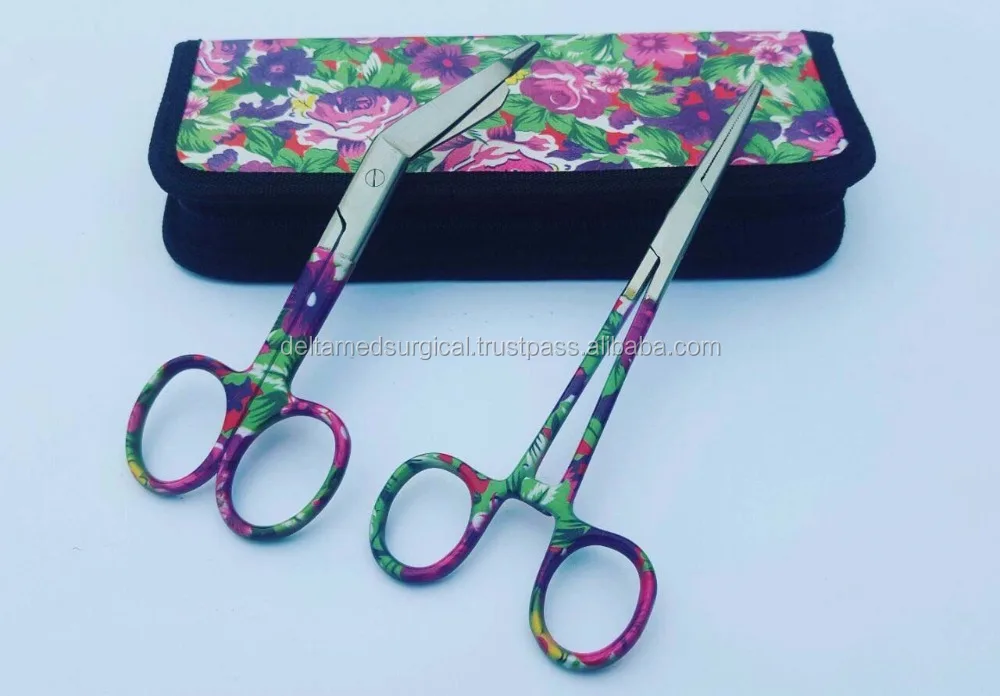 NEW Hemostats Forceps Bandage Scissors Hawaiian Flower Print Tip Clamps Set