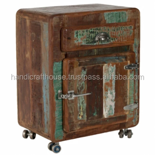 Industrial & vintage reclaimed wood Nightstand/Bedside Table with Wheels