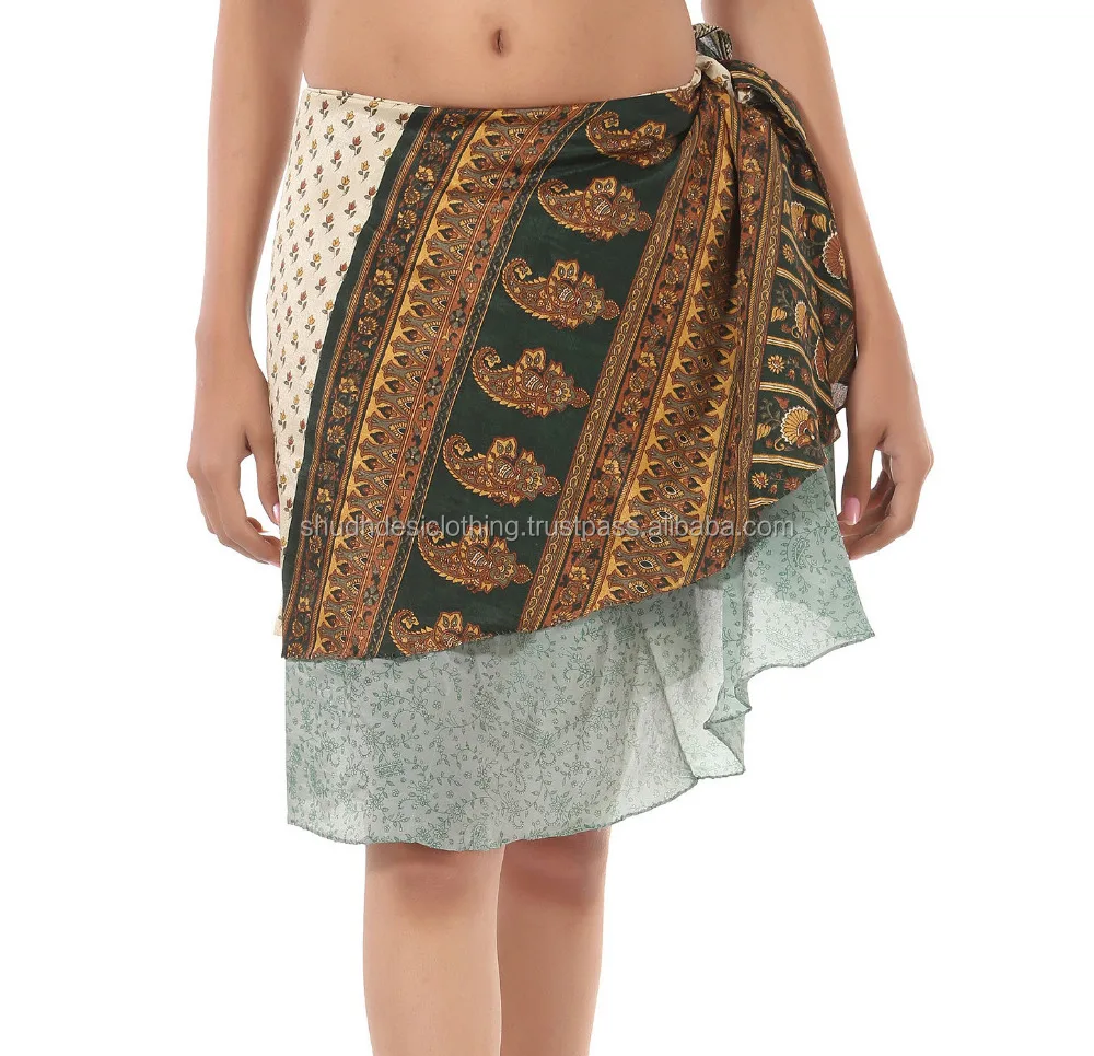 Indian vintage silk sari short wrap skirt women sari beach wrap skirt
