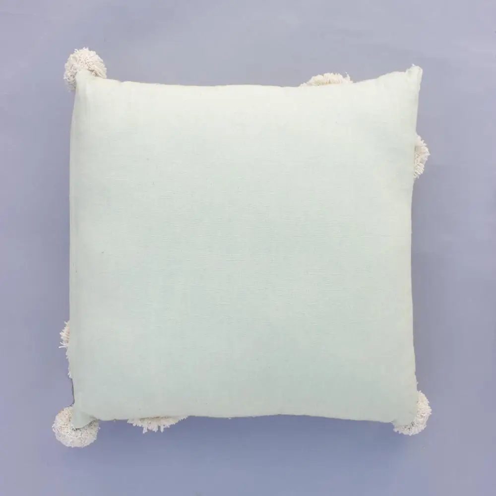 Tufted Handloom Pom Pom Throw cushion cover 45 X 45 cm Handloom Cotton Patch Tufted Light Green Mudcloth Bed Pillow