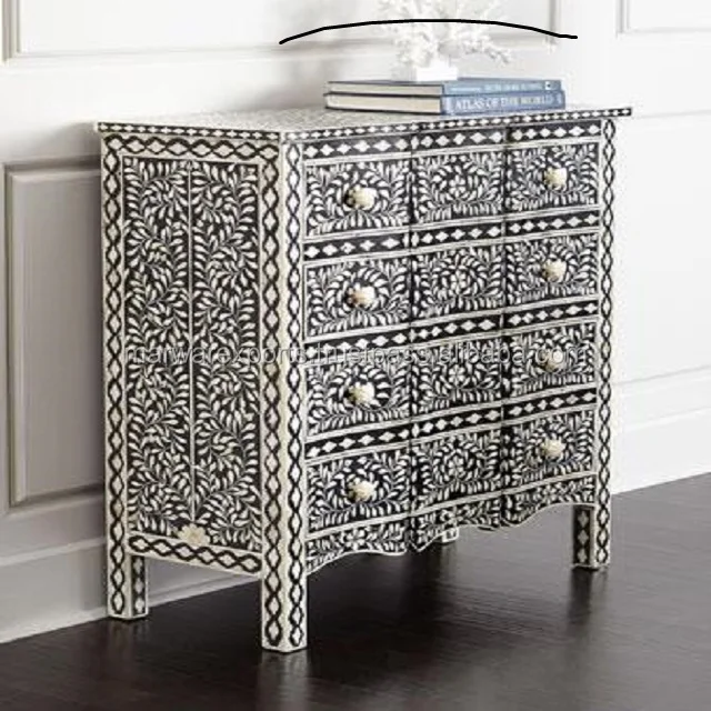 Solid Wood Antique Design Chest of Drawers with Bone Inlay Elegant Curved Furniture for Bedroom Villa Home Living Room Hotel