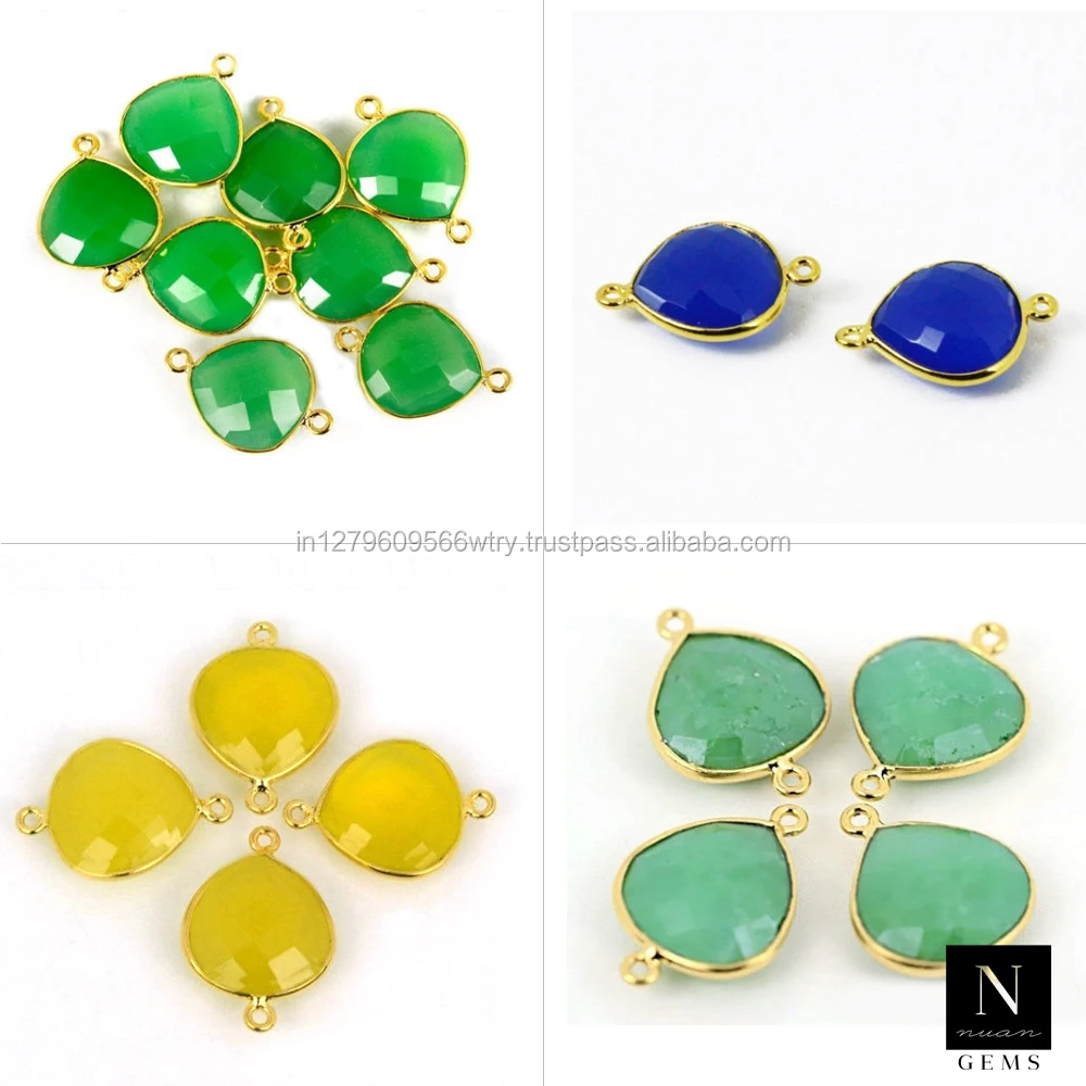 Bezel gemstone connector 14mm heart shape 24k gold plated double bail link supply