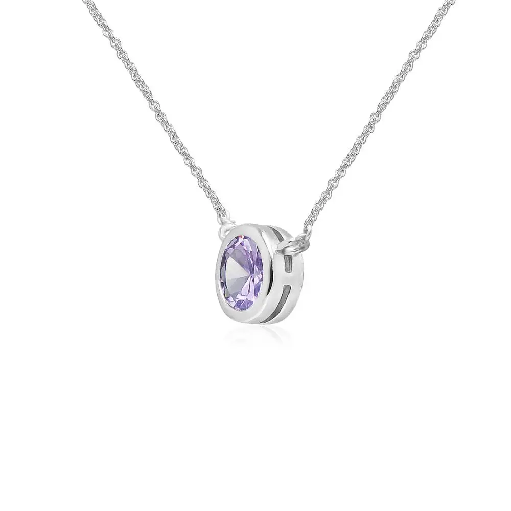 
925 Sterling Silver Amethyst Gemstone 6mm Round Solitaire Bezel-Set Dainty Choker Necklace 
