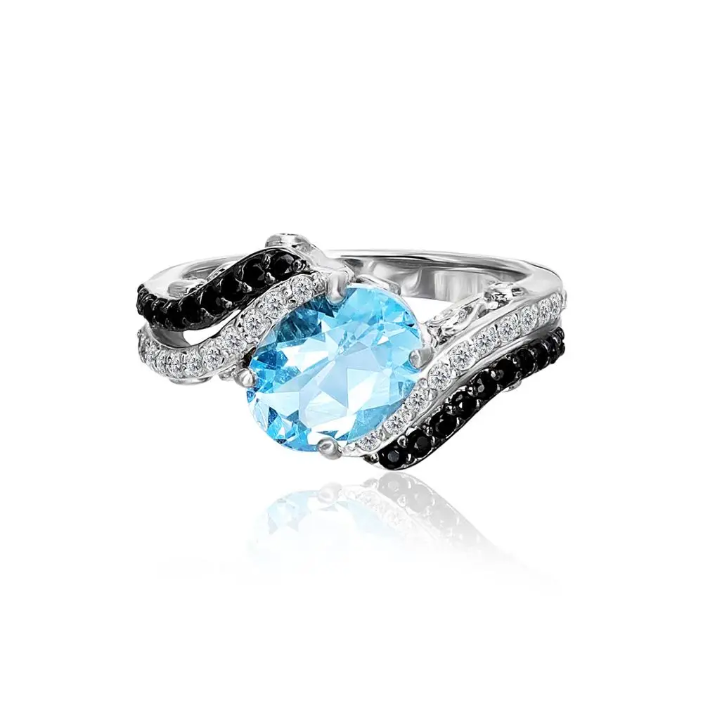 
925 Sterling Silver Oval Sky Blue Topaz and Black Spinel Bypass Ring 