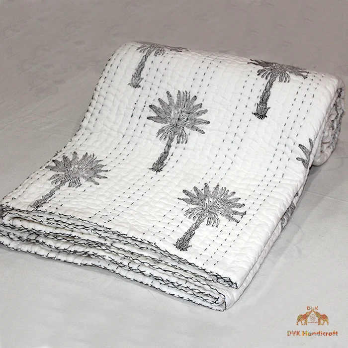 Ручной Блок пальмовое дерево кантха одеяло с принтом 100% Хлопковое ручной работы белое Кантха