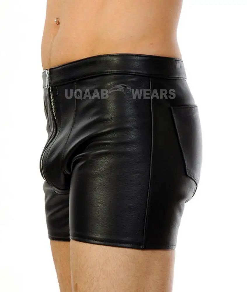 Men Leather Shorts Real Genuine Soft Leather Front Zip Fetish Sexy Boxer Shorts Club wear Bluf Gay Short OEM Wholesale