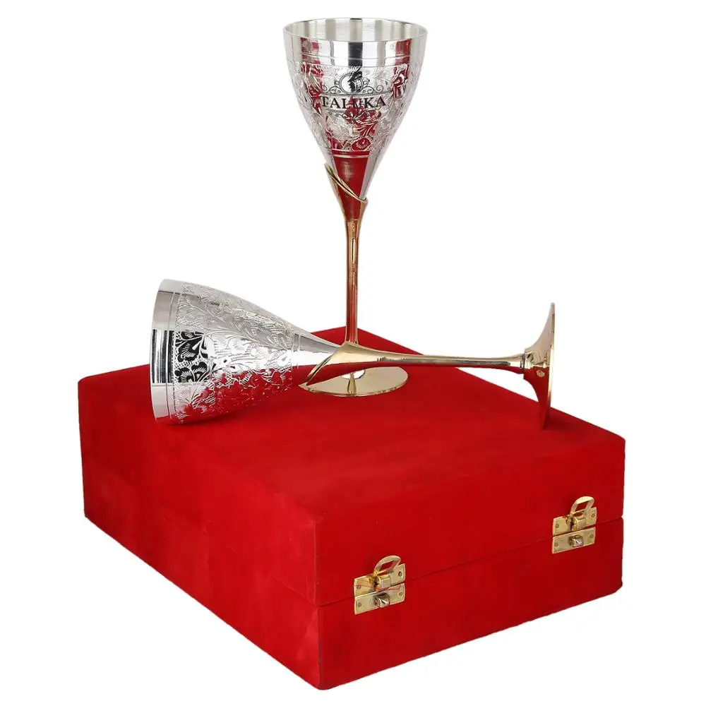 Indian Handmade Brass Drinkware Wine Goblet Silver Plated Champagne Glass Flute