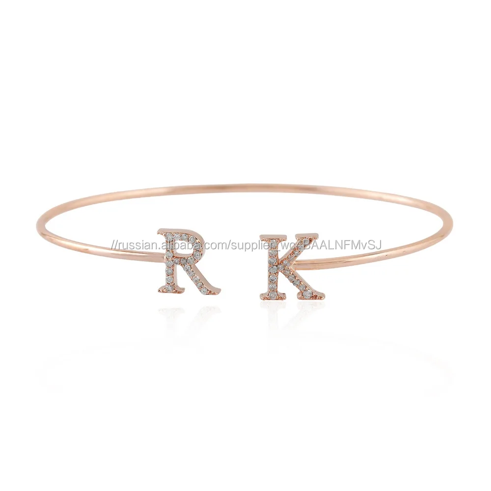 18kt Solid Розовое Золото Алфавит Манжеты Браслеты Pave Скидка Ювелирные Изделия Оптом
