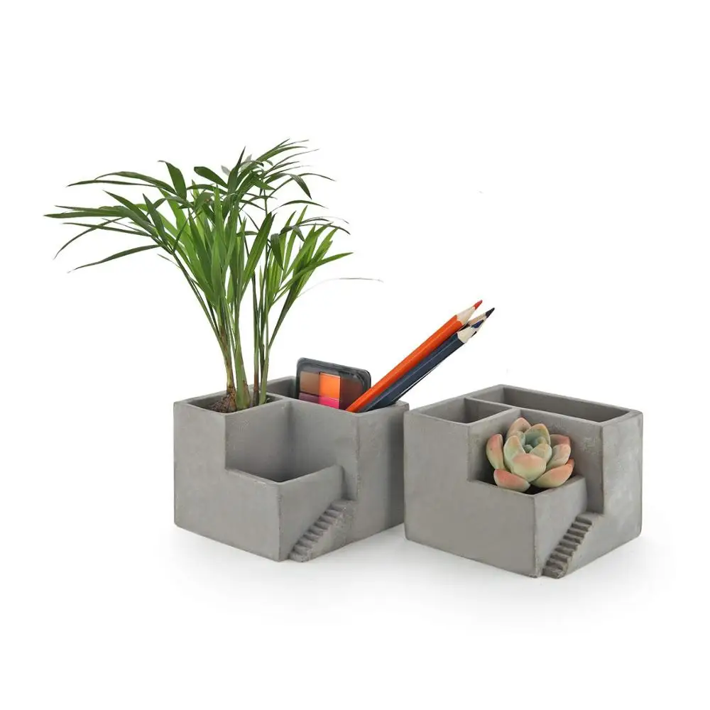 Cement Succulent Pot Set of 2, Small Concrete with 3 Compartments Flower Planter Container Desktop Organizer Herb Cactus Pen Pen
