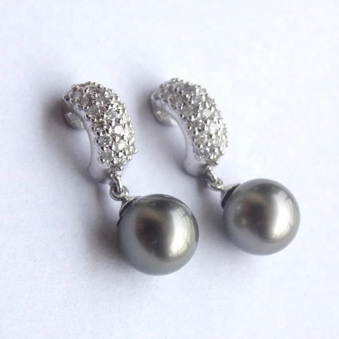Genuine Rare Black Tahitian Pearl Diamond 18K White Gold Earrings Nice Fashion Gold Earrings for Women