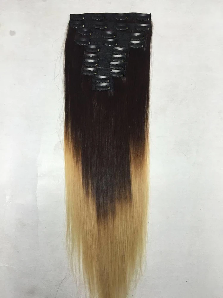 Unprocessed 140g Pcs Clip Human Hair Extension Ombre Color Remy Hair INDIAN Machine Double Weft Soft Raw Hand 7 Set 10 Set