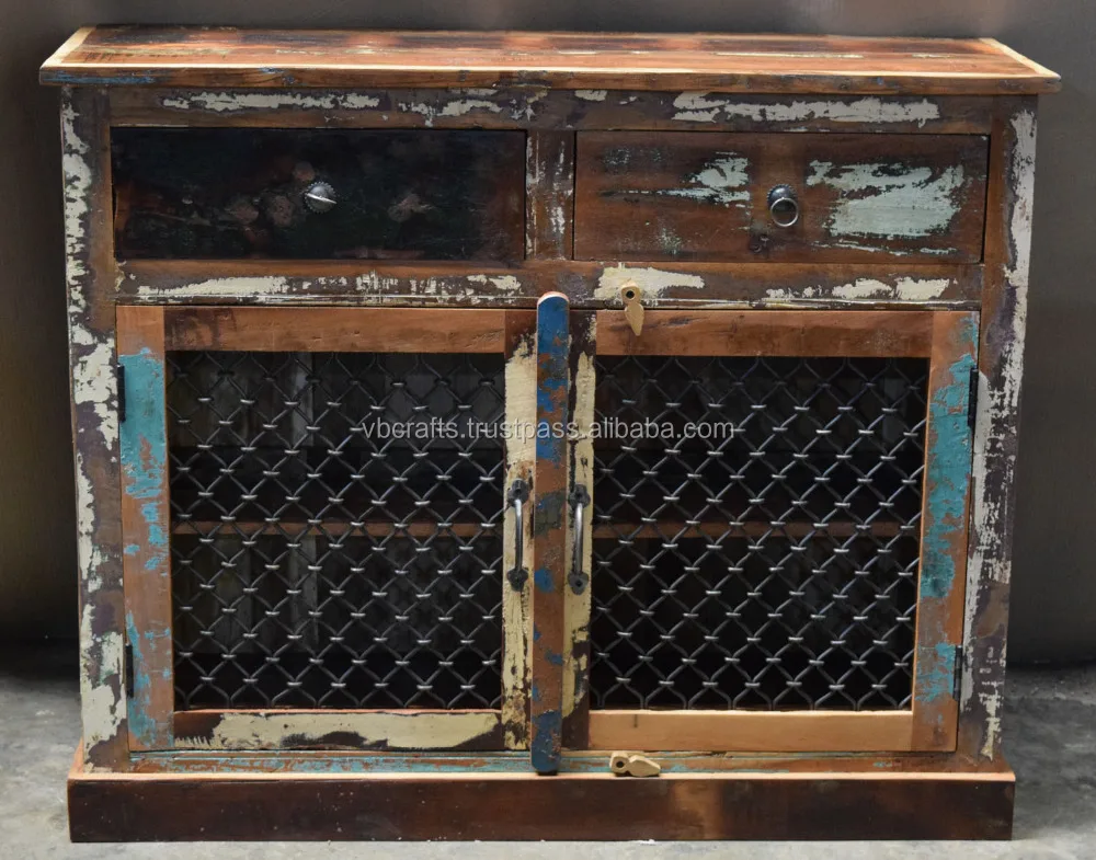 Iron Jali Door Indian Antique Recycled Old Wood Ethnic Style Storage Display Kitchen Office Home Living Room Cabinet Sideboard