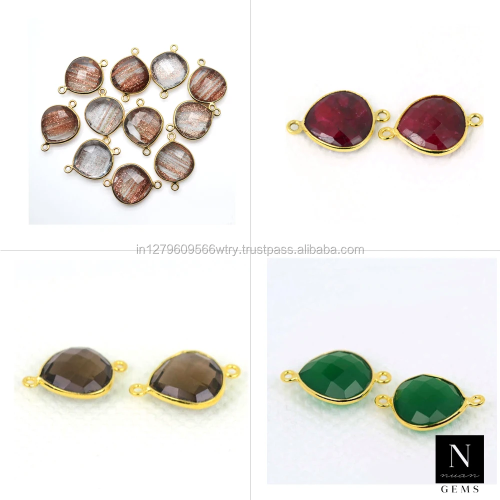 Bezel gemstone connector 14mm heart shape 24k gold plated double bail link supply