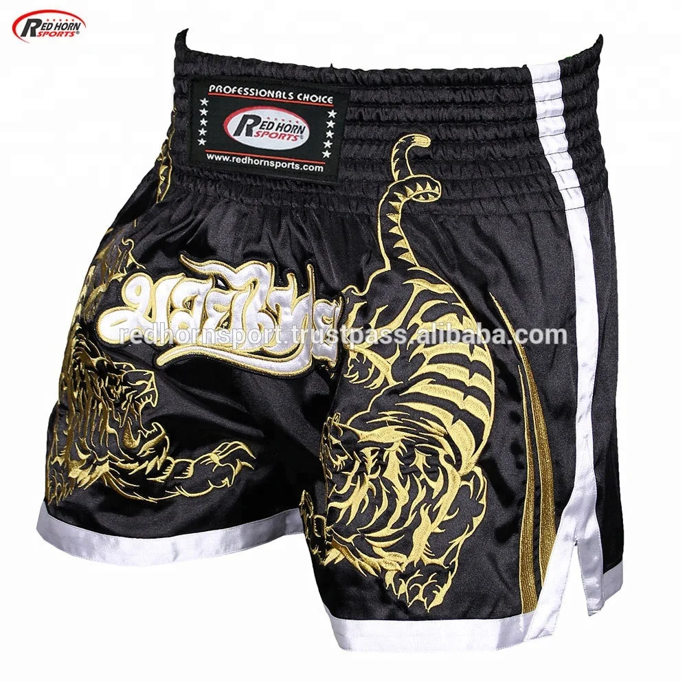 OEM Muay Thai boxing shorts, pants with splendid printing & embroidery, muay thai shorts custom