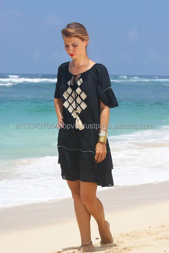 Shop Thailand Style Clothing Online Bulk Fashion Ruffle Bottom Tunics For Ladies Casual Wear Embroidered Bell Sleeve Beach Dress