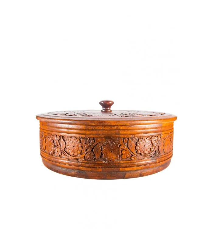 Wooden Round Shape Storage Box, Handmade Wooden Basket, Wood Bucket Carved Wooden Hotpot polish inlaid work Box
