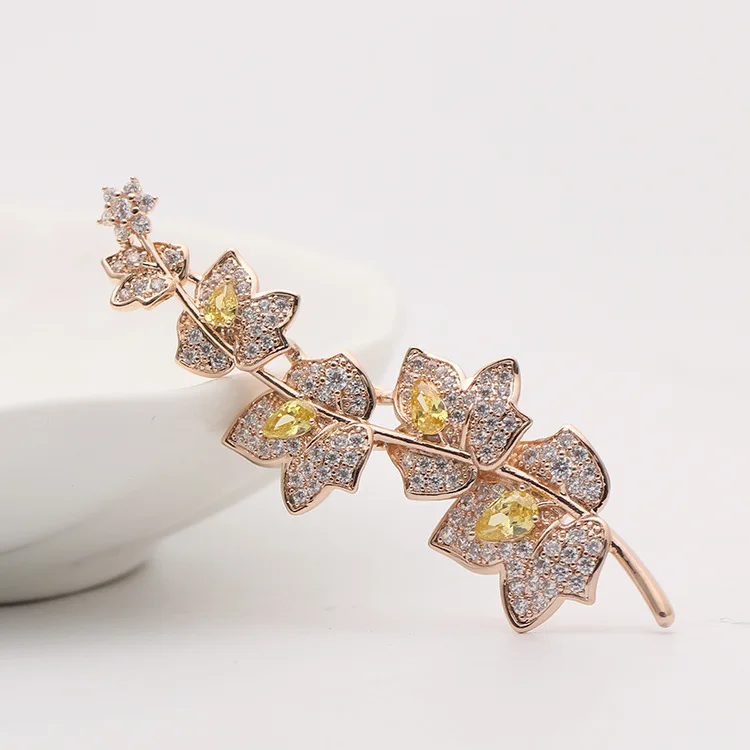 Hot Wholesale Golden Long Leaf Flower Brooches Pins for Women in Bulk