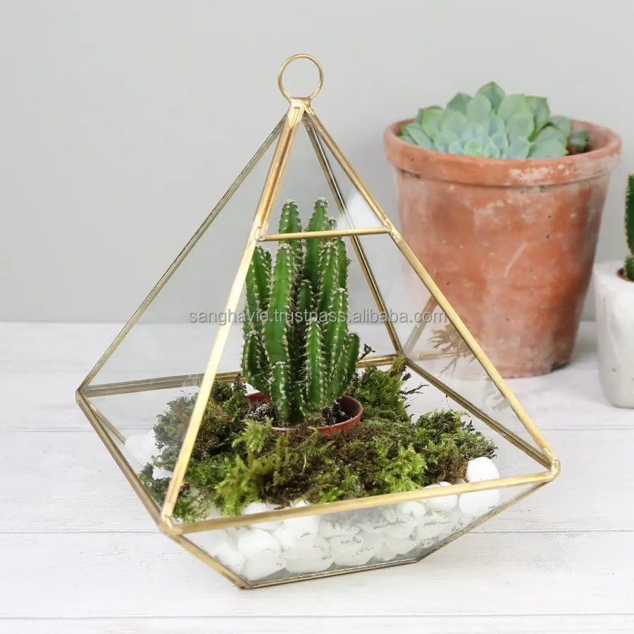 TERRARIUM POT TRIANGLE SHAPE HOME DECORATIVE FLOWER PLANT TERRARIUM FANCY DESIGN PLANT VASES ANTIQUE COLOR METAL FLOWER POT