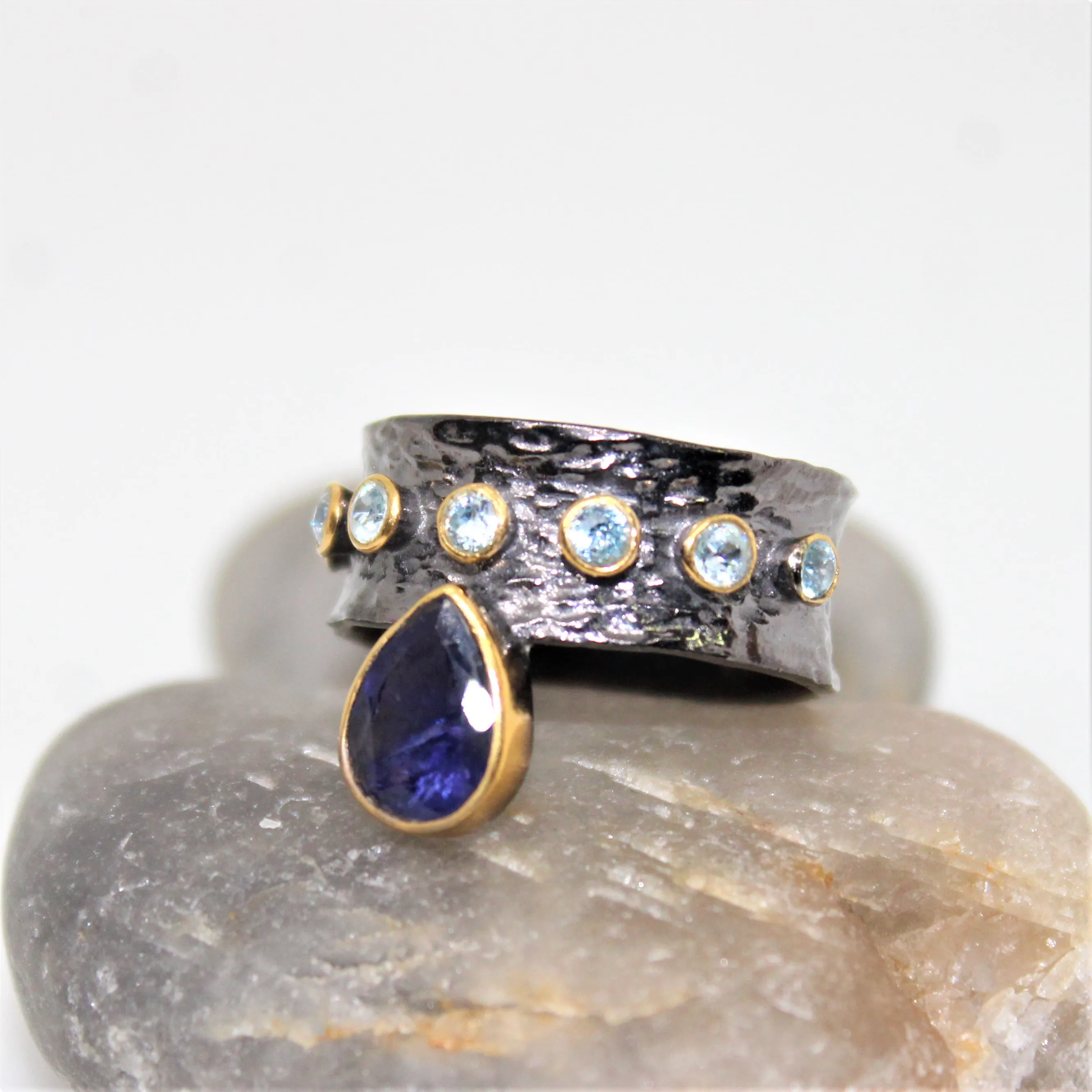 Designer Multi Stone Iolite and Blue Topaz Gold Plated 925 Sterling Silver Black Rhodium Ring