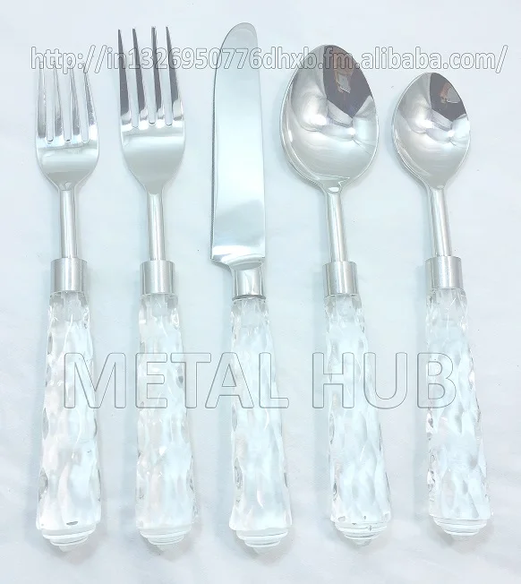 Stainless Steel Flatware set with Acrylic handle / Shiny Silver Flatware Set With Clear Lucite Textured Handle