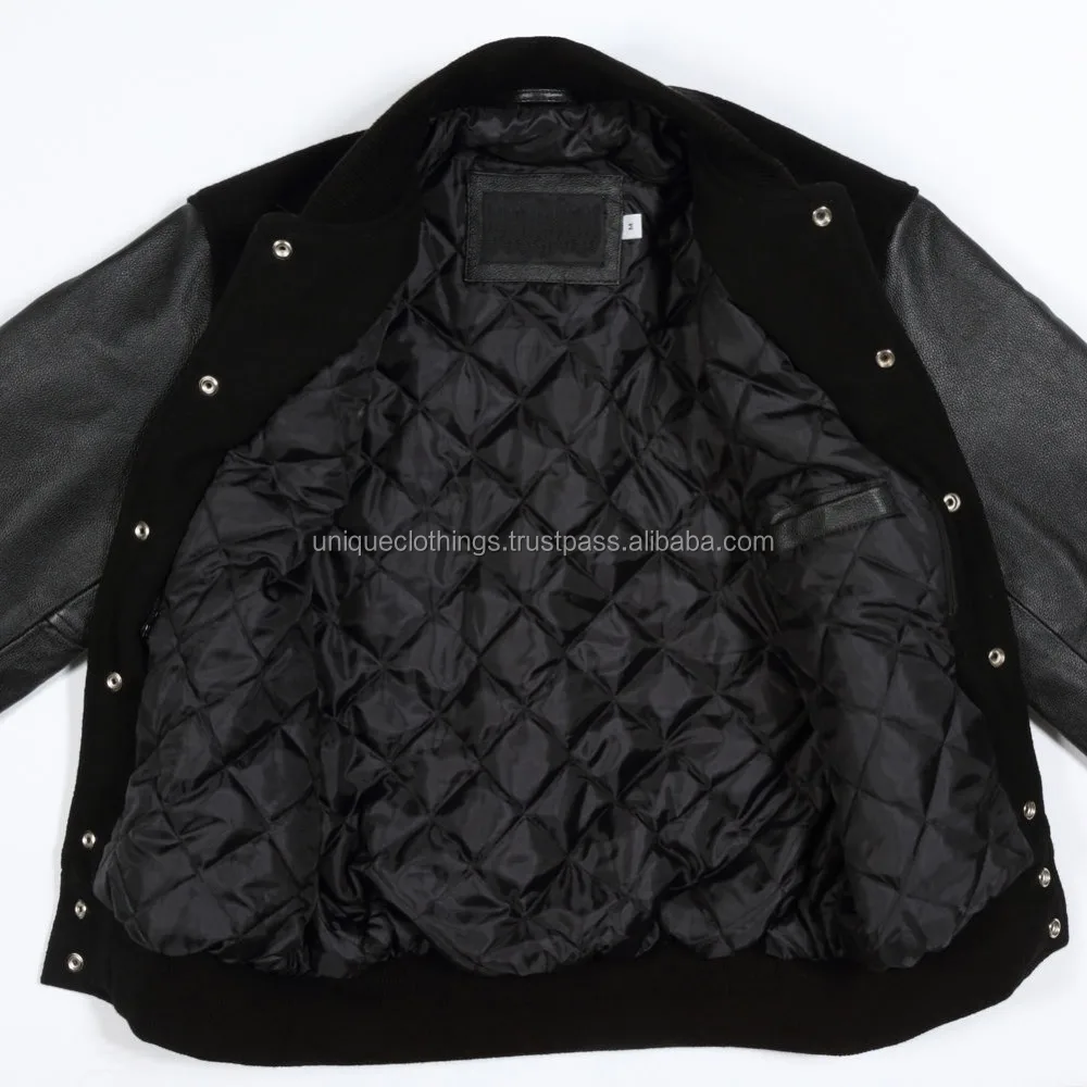 New Black Wool and Black Leather Varsity Letterman Jacket, Wool Body & Leather Sleeve Baseball Jacket