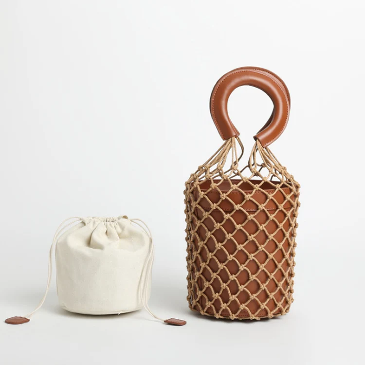 2021 Hot Genuine Cow Leather Net Handmade Tote Women Handbag Woven  Bucket Bag