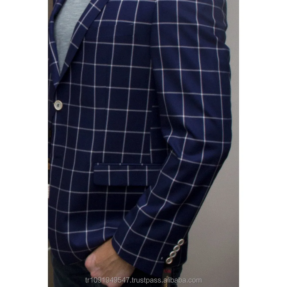 Plaid Casual Men Blazer Jacket Dark Blue Italian Style The Newest Model Latest Style Turkey