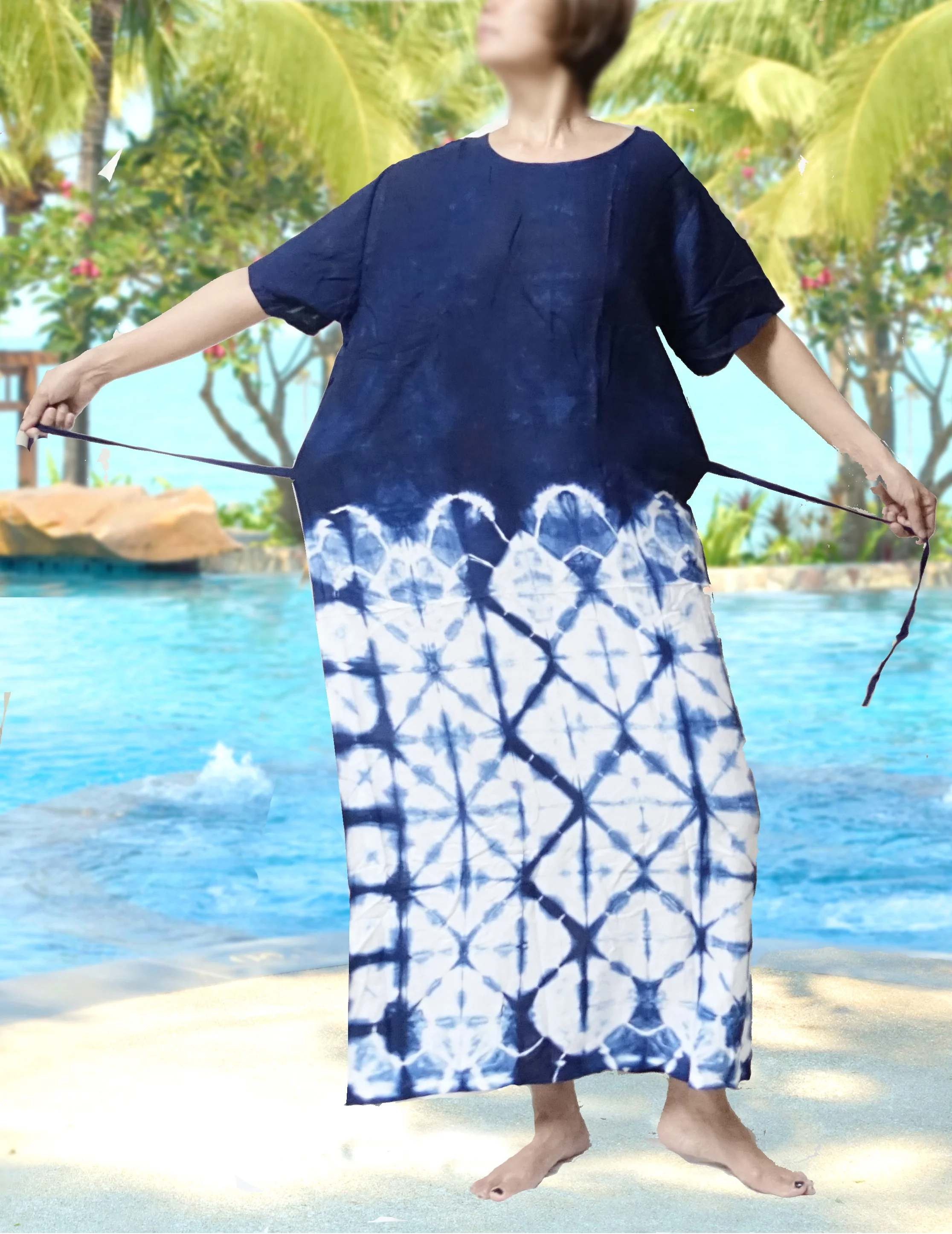 Indigo blue tie dye handmade retro thai style HIPPIE BOHO  kimono kaftan maxi dress