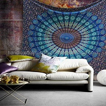 Queen Blue Mandala Tapestry Wall Hanging Bohemian Bedspread Indian Tapestry Handmade Bedspread Cotton Tapestry