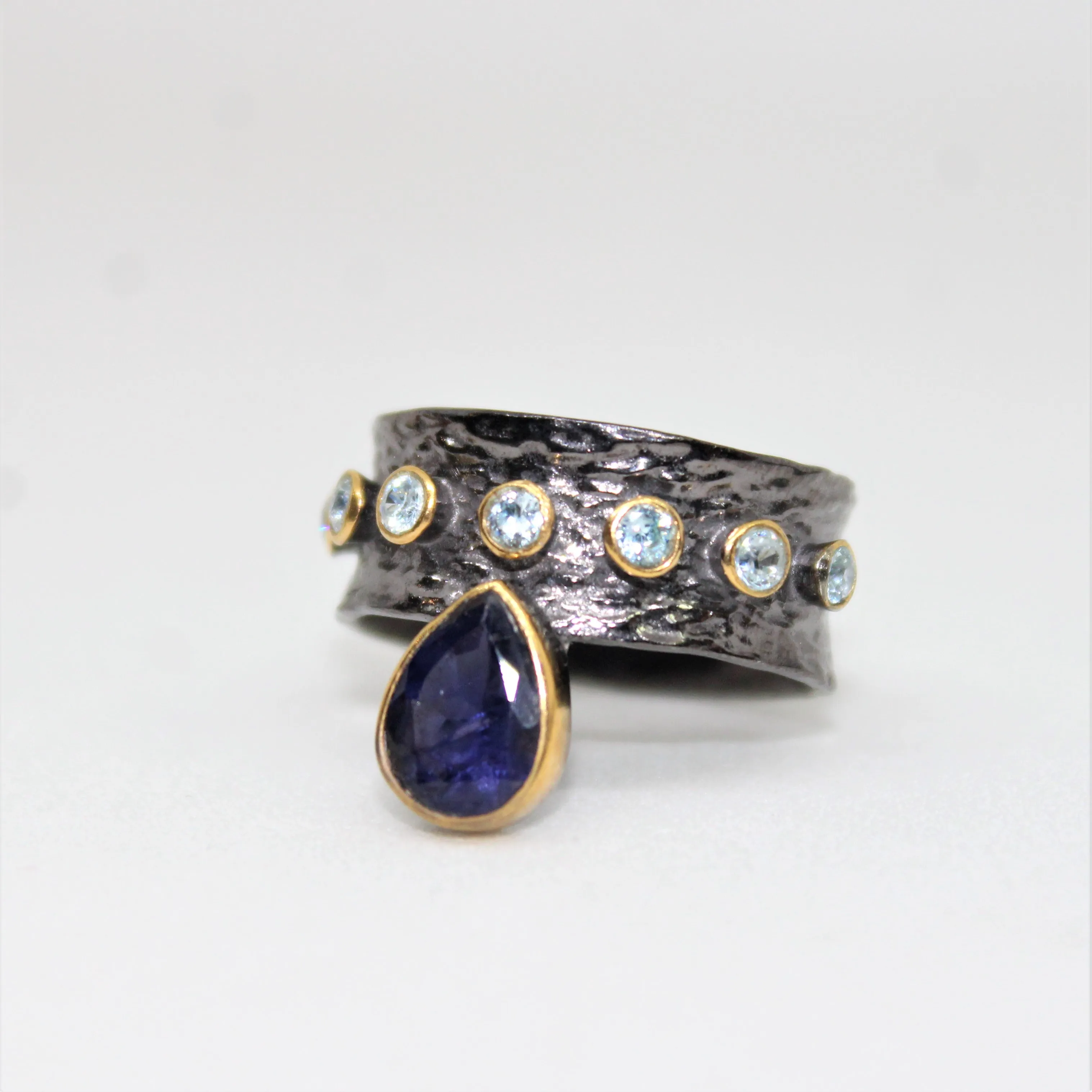 Designer Multi Stone Iolite and Blue Topaz Gold Plated 925 Sterling Silver Black Rhodium Ring