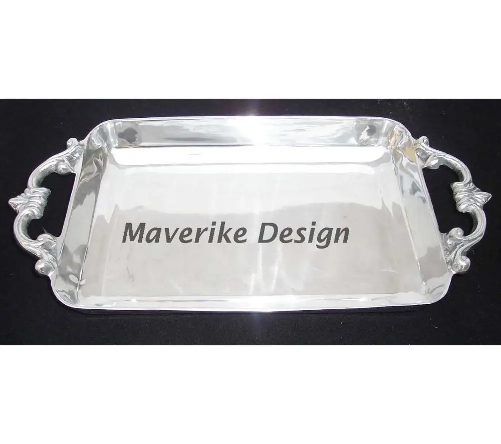 Silver Plated Metal Serving Tray With Handles For Home Wedding Parties Platters & Food service Tray Handicrafts