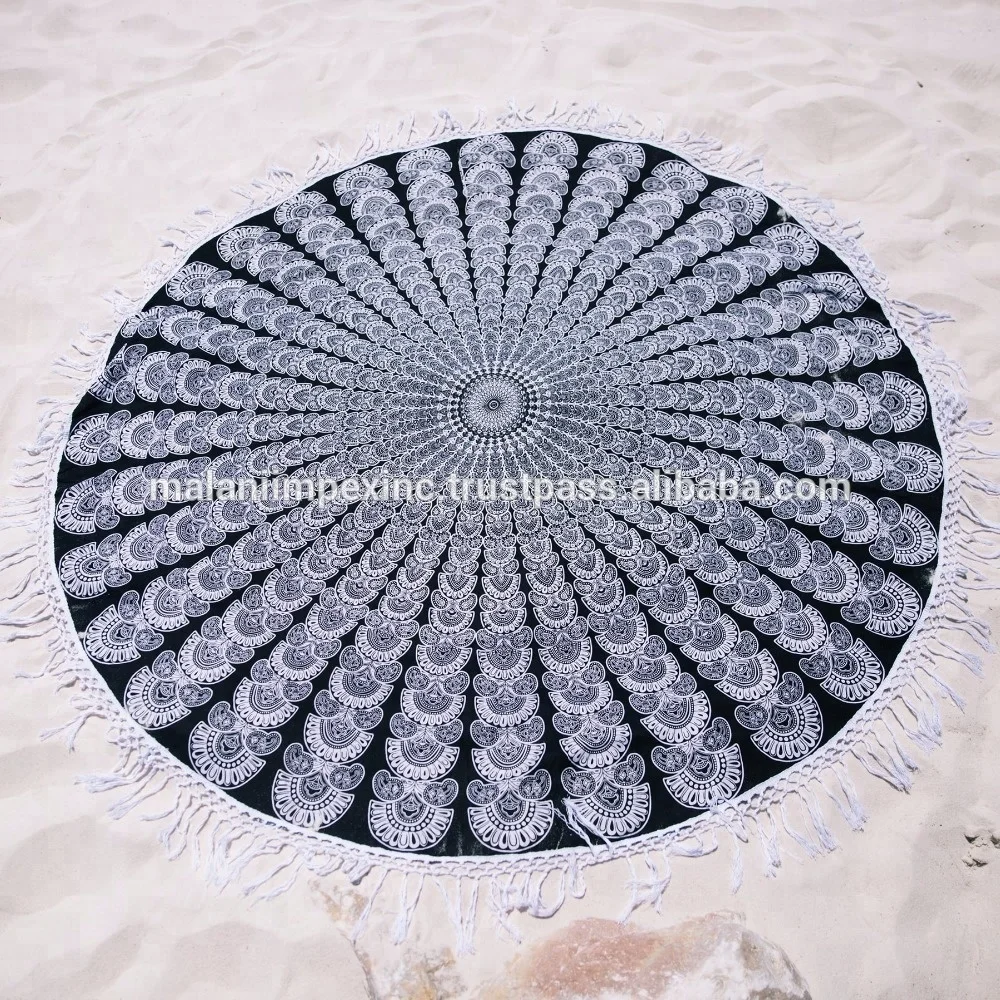 Indian printed peacock mandala round beach towel