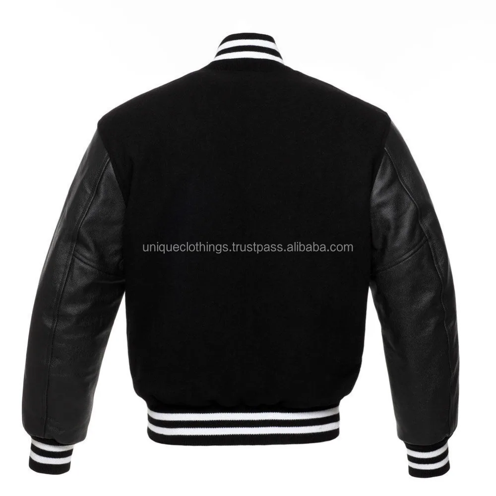 New Black Wool and Black Leather Varsity Letterman Jacket, Wool Body & Leather Sleeve Baseball Jacket