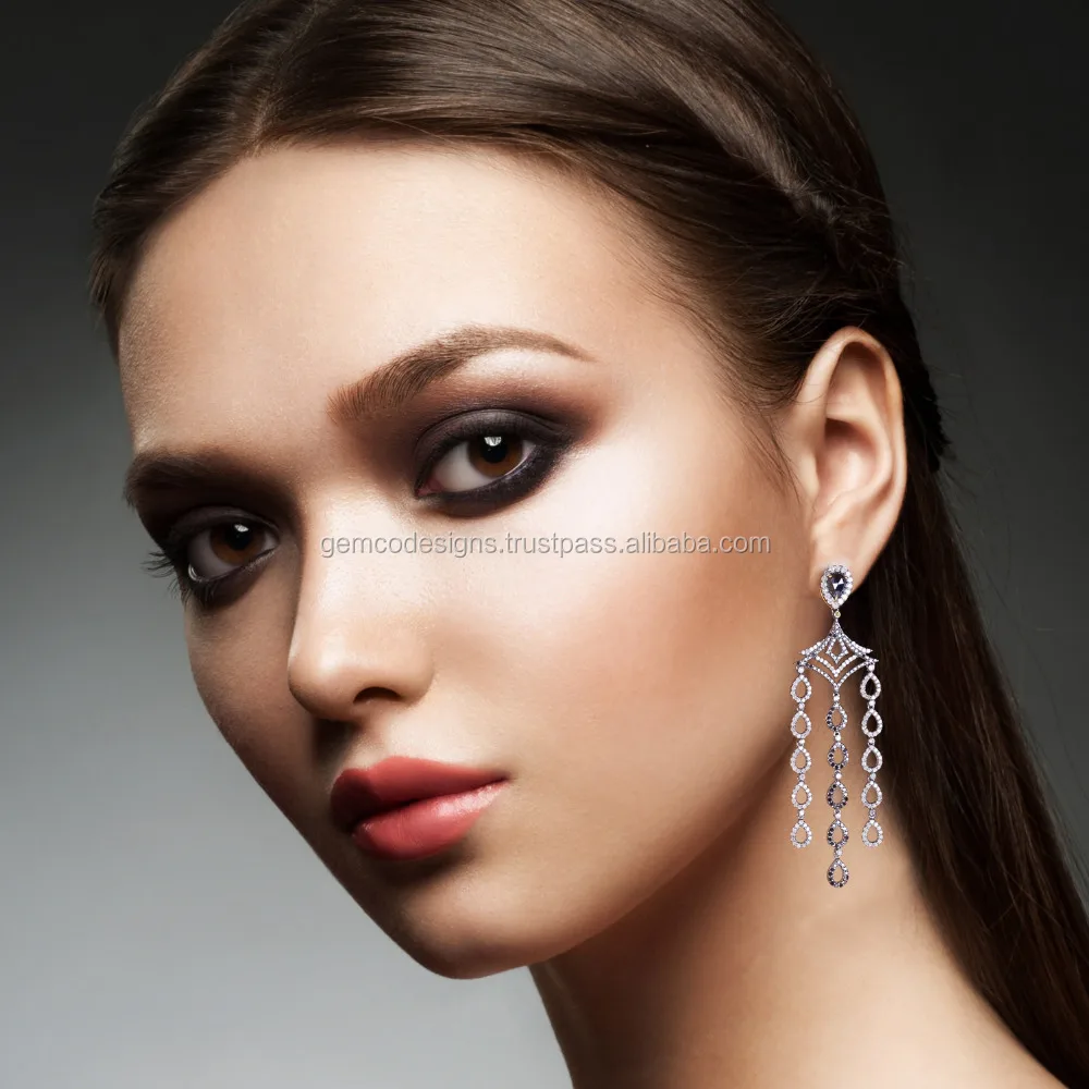 Handmade Black Onyx Diamond 18kt Gold 925 Sterling Silver Chandelier Women Earring Jewelry