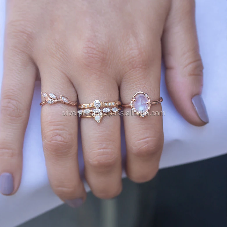 Natural Diamonds Moonstone Ring Solid 14K Yellow Gold Fine Jewelry !! Size 3 to 9