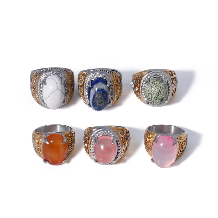 Women Fashion Stainless Steel Jewelry Retro Natural Stone Rose Quartz Agate Turquoise Lapis Lazuli Ring For Men