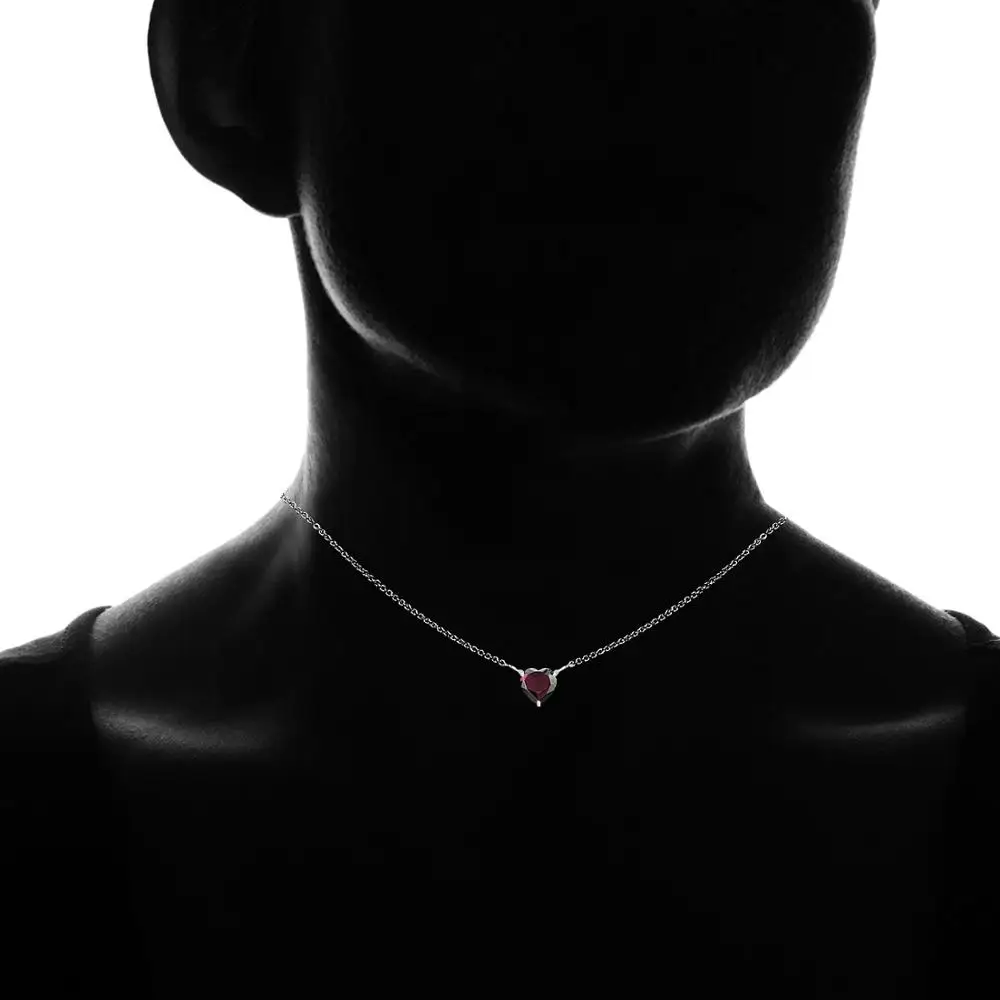 
925 Sterling Silver Garnet 7x7mm Heart Cut Solitaire Short Choker 13 inch Plus 3 Extender Necklace. 