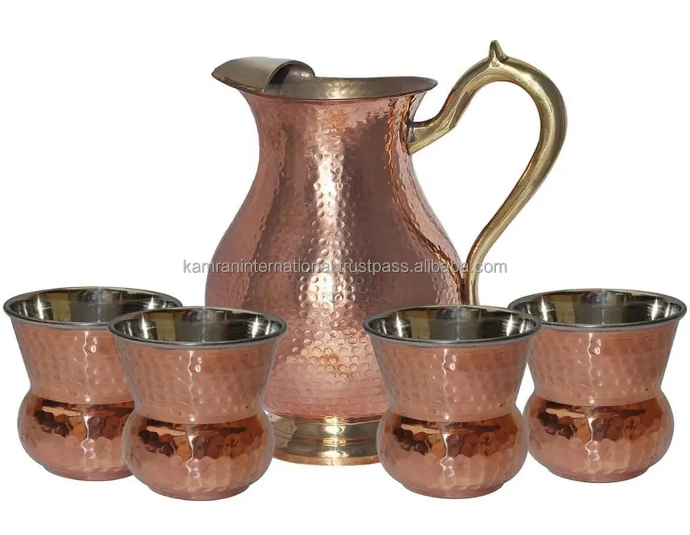 70 OZ Solid Copper Hammered Water Jug Drinking Pitcher with Tumblers & Glasses Kitchen Metal Water Jug & Utensils