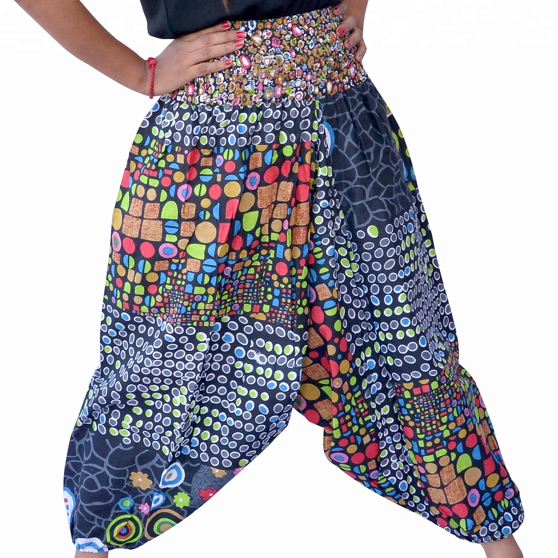Different Type Of Circle Design Black Base Multi Color Cotton Yoga Trouser Elastic Waist Beautiful Harem Pants Wholesale