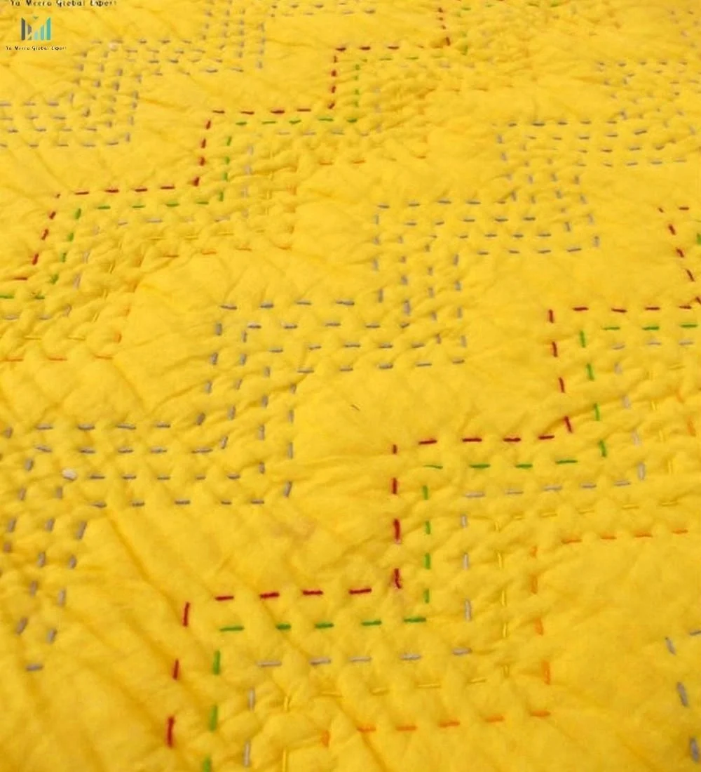 
Yellow bedspread, zigzag cotton kantha quilt, 90X108 inches chevron pattern 100% cotton 
