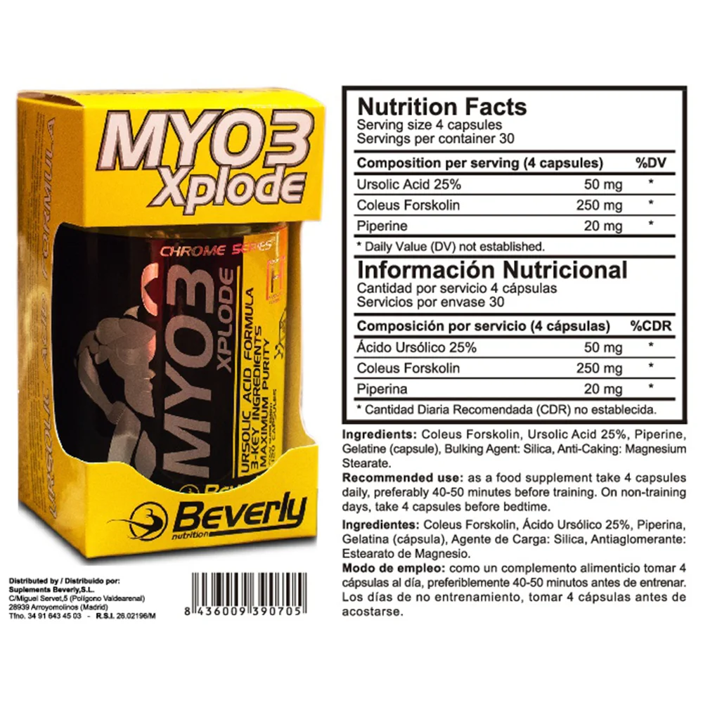 
Myo3 Explode Myostatin inhibitor. Beverly Nutrition. Bottle with 120 vegetable caps. 