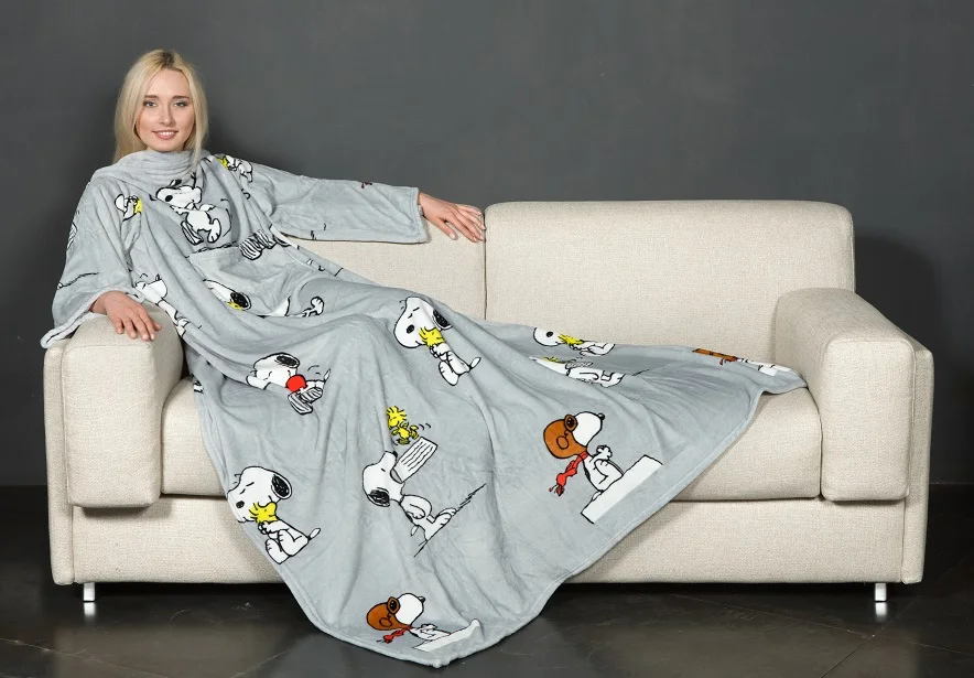 KANGURU HIGH QUALITY  DELUXE SNOOPY FLANNEL FLEECE PLUSH 100% SOFT POLYESTER BLANKET WITH SLEEVES AND POCKET GRAY FOR RETAIL