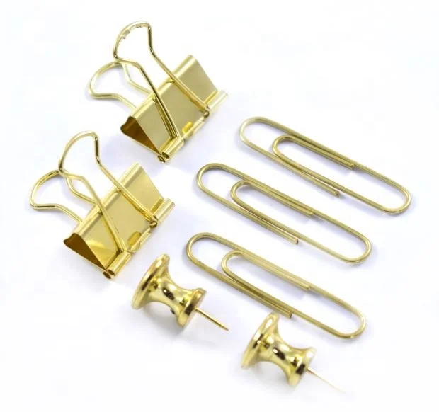 You need this Gold Color Vintage assorted paper binder clips pins in Storage Tray stationery set