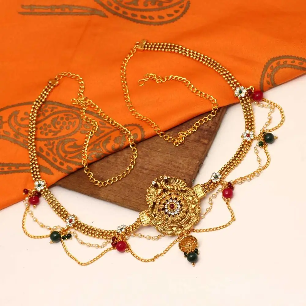 Latest Indian Jewelry Maroon & Green Color Glass Stone Kamarband Waist Chain