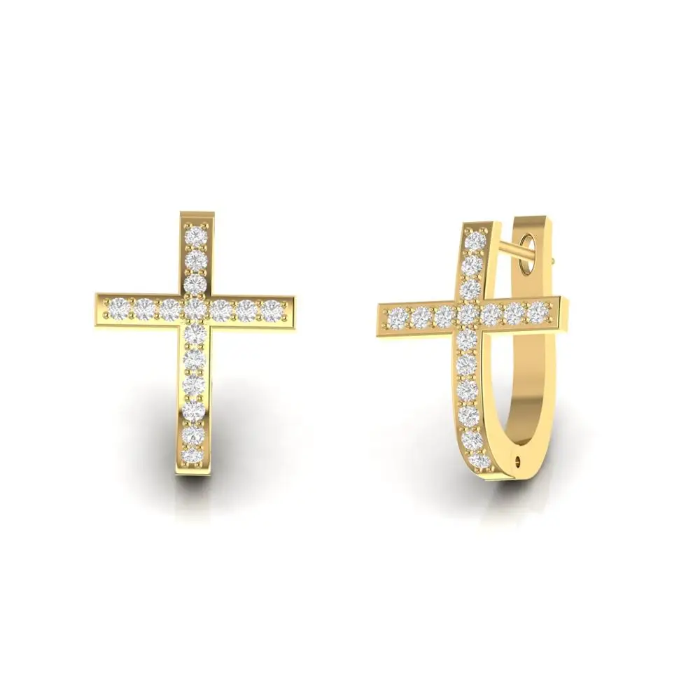 Real Natural Diamond Huggie Religious Cross Earrings For Women Solid in 18kt Yellow White Rose Gold 4.92 grams Jewelry