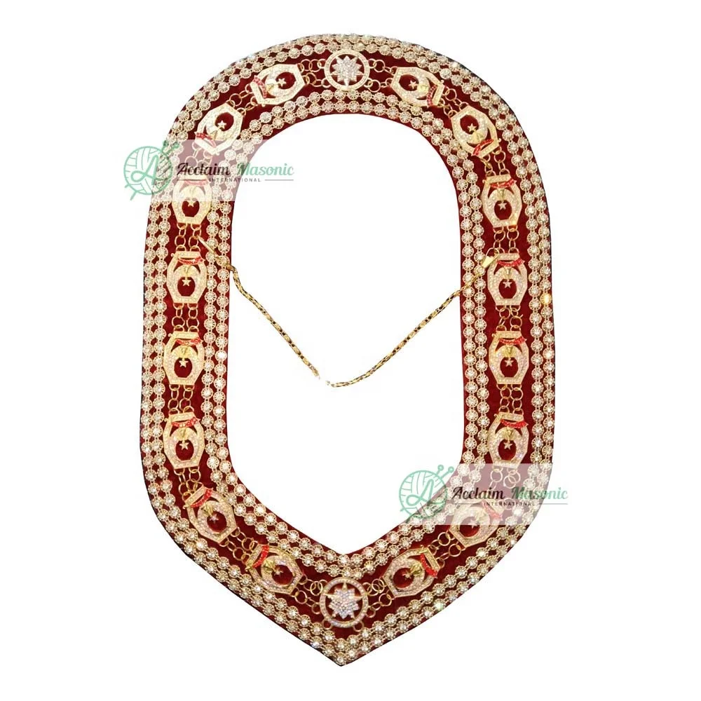 Gold Shriner Masonic Rhinestone Chain Collar on Red Backing