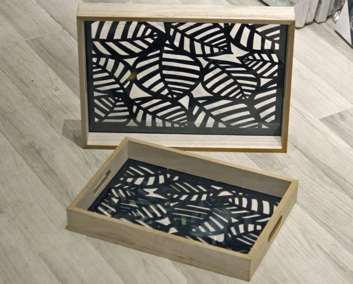 Wholesale Rectangular Leaf Design Inlay Wooden Laser Cut Fancy Serving Trays