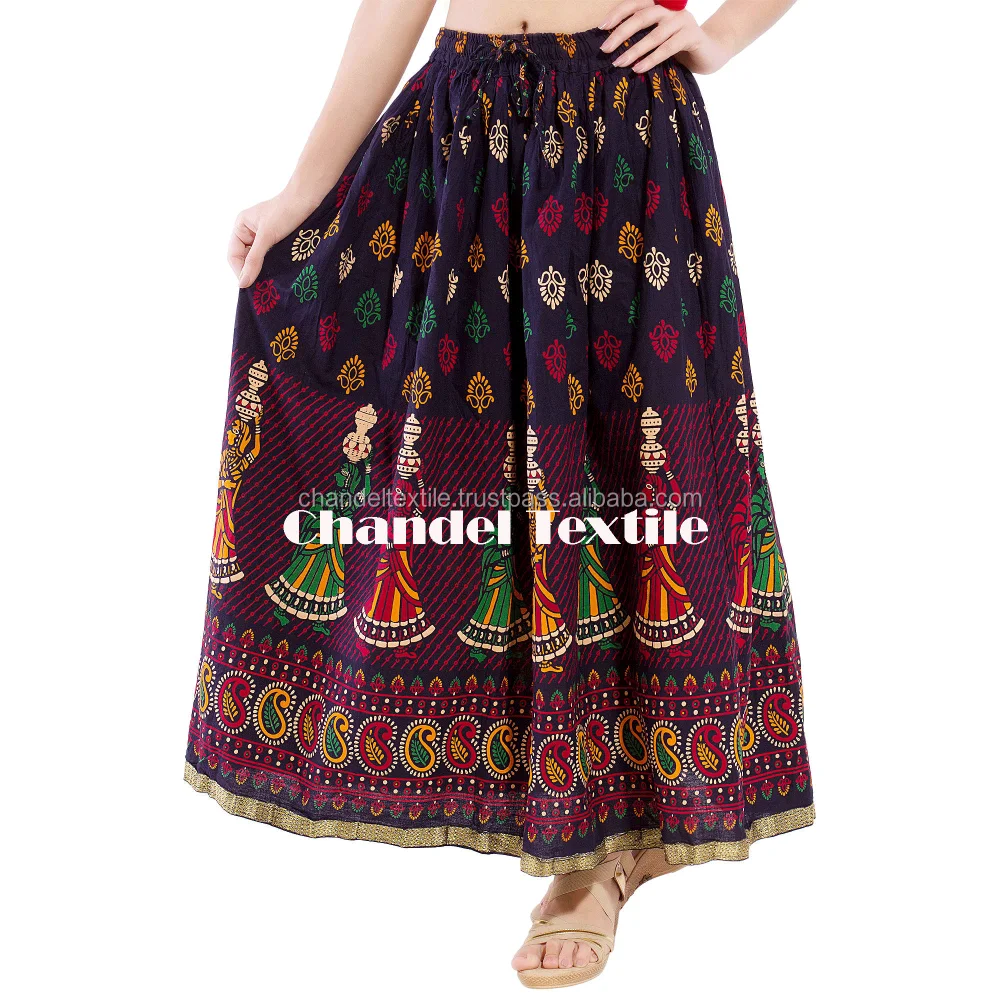 Jaipuri Rajasthani Cotton multi colour Block Print Straigh long Skirt for women embroidered skirts wrap Hippy style skirts