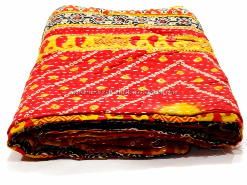 Vintage Cotton Kantha Quilt Gudri Handmade Indian Bedspread